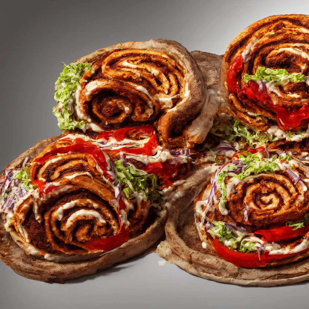 Image similar to a photo of a vegan doner with pizza taste and halapeno mayo, in the shape of a cinnamon roll, in the style of hr giger, octane render, 8 k