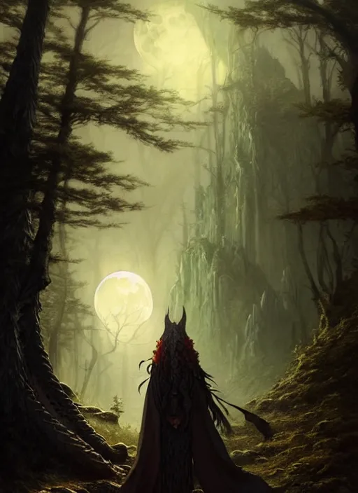 Image similar to full moon, adventurer outfit large cloak, fantasy forest landscape, dragon scales, fantasy magic, dark light night, intricate, elegant, sharp focus, illustration, highly detailed, digital painting, concept art, matte, art by WLOP and Artgerm and Greg Rutkowski and Albert Bierstadt, masterpiece