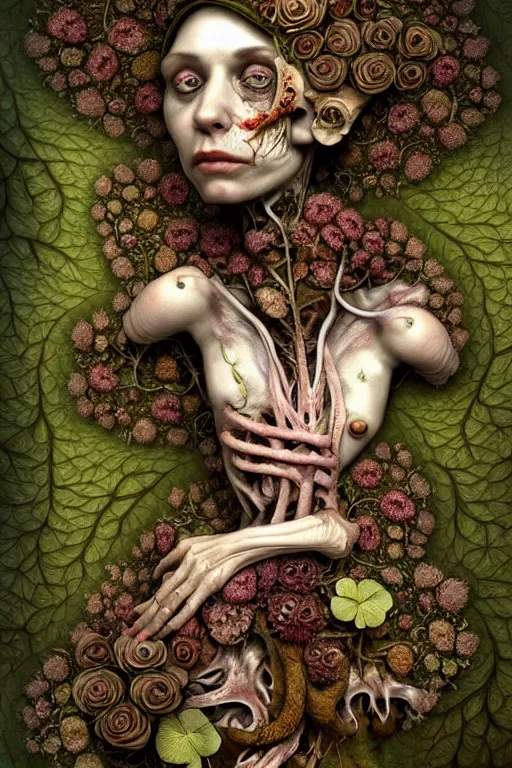 Image similar to sad and detailed rotten woman corpse with fractal plants and fractal flowers and mushrooms growing around, face muscles, veins, arteries, intricate, ornate, surreal, ray caesar, john constable, guy denning, dan hillier