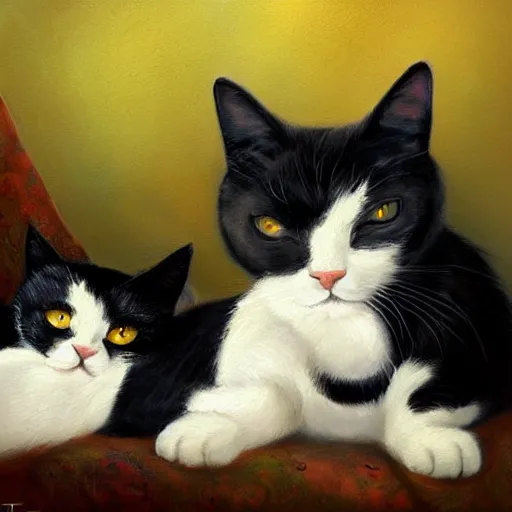 Prompt: a black and white cat and a calico cat sleeping peacefully together in cat heaven, puffy clouds, dreamy, painted by Tyler Edlin