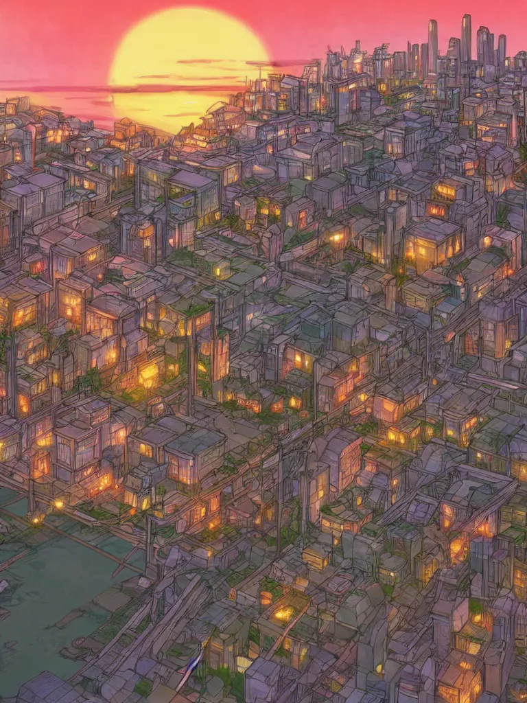 Image similar to a digital art of sunset, a metropolis beside the river, by studio ghibli and hayao miyazaki, highly - detailed, anime, deviantart