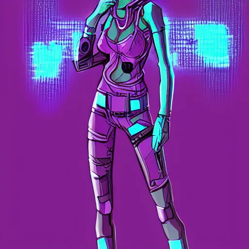 Image similar to cool cyberpunk character female in fullbody pose, purple and teal colors