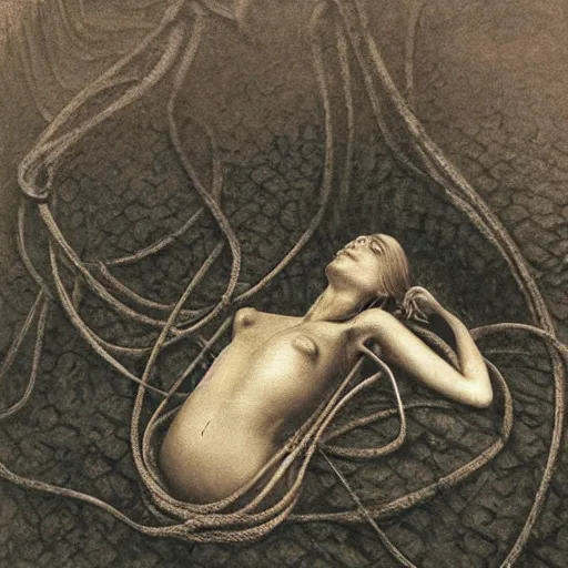 Prompt: photo of a woman wrapped around by tubes and cables by Zdzislaw Beksinski, laying inside shallow water, black eyes