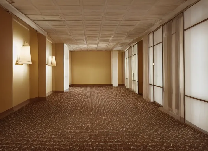 Image similar to an endless space of empty connecting rooms with old vanilla colored wallpaper from the 1970s and brown carpet lit by tungsten lights, no windows