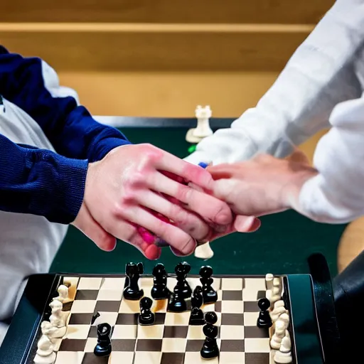 Image similar to photo of a robot hand grabbing and pinching a humans hand over a championship chess board