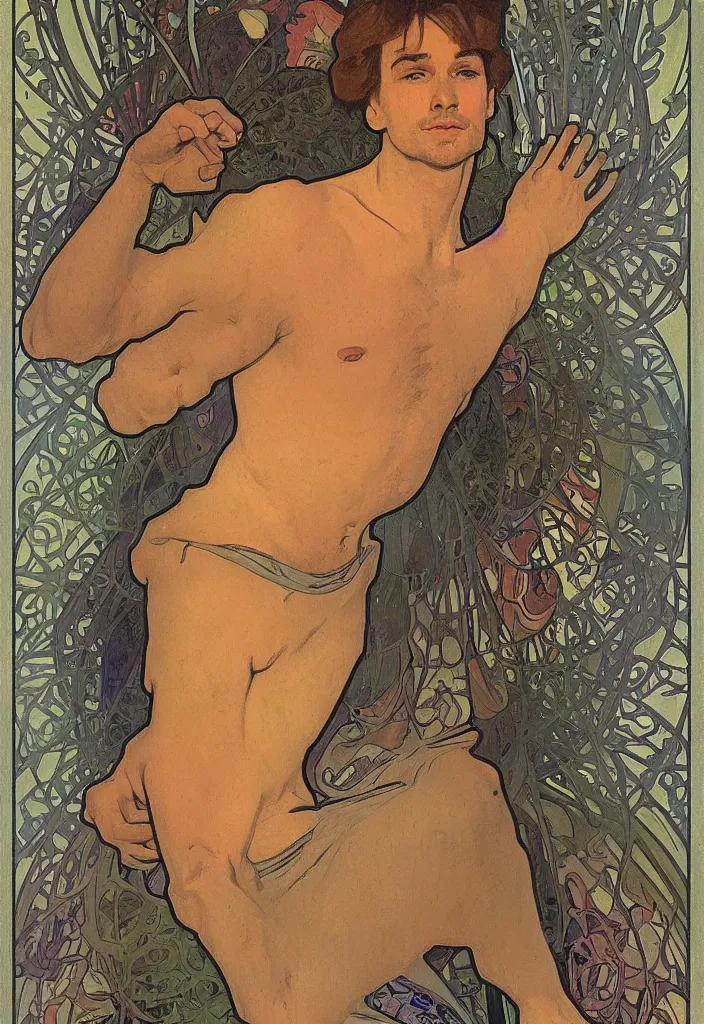 Image similar to realistic ian goodfellow on a tarot card, tarot in art style by alphonse mucha