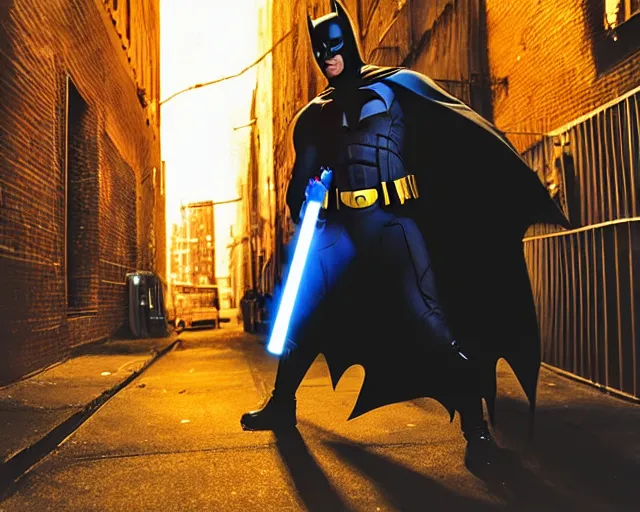 Image similar to a high definition photograph of Batman holding a lightsaber in a New York City alleyway, serious face, moody lighting, high contrast, dark background, window lights