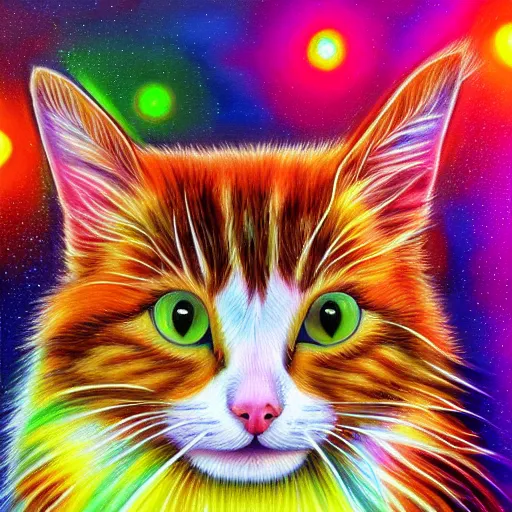 Prompt: luminescent colorful detailed airbrush painting of long haired cat