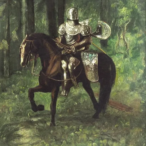 Prompt: seselj wearing shining knight's armor and riding a horse through a dark forest, highly detailed, oil painting