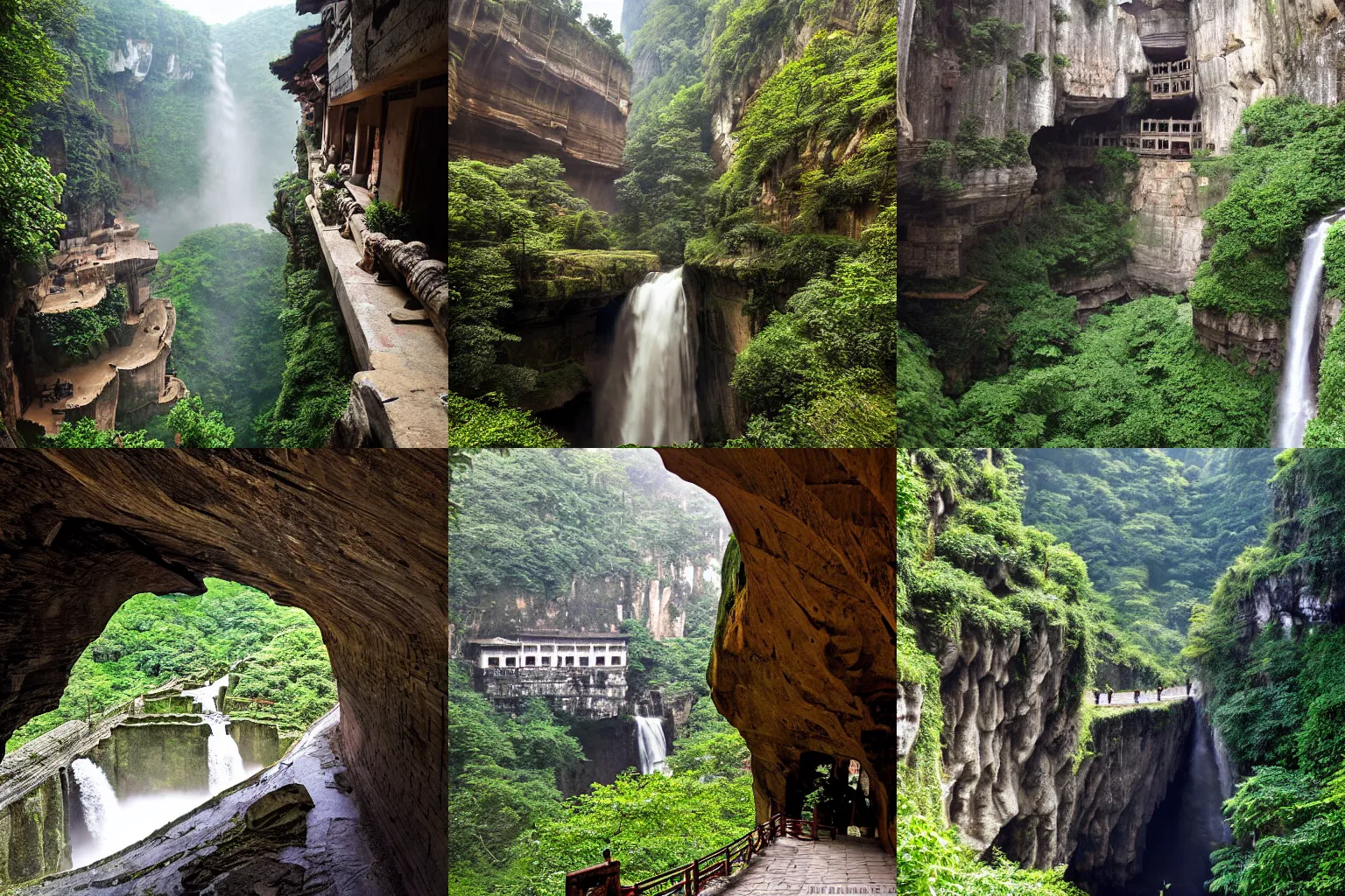 Prompt: establishing shot inside han son doong with waterfalls on either side of the cliff walls, a cloister is built into the cliff walls