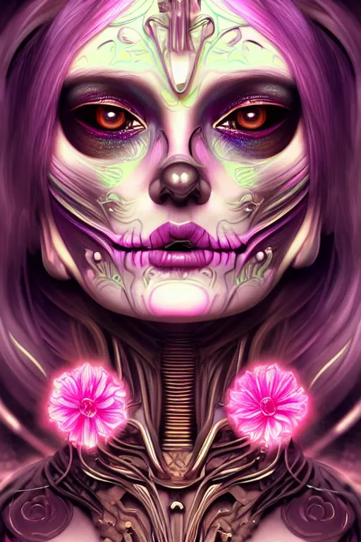 Image similar to ultra detailed female android deity, eyes closed, 8 k, flowerpunk, psychedelic vector art, digital painting, sci - fi, fantasy, moody, calm, ( dia de los muertos ), asymmetrical, concept art, art by artgerm and giger and michael welan and alphonse mucha and loish and wlop