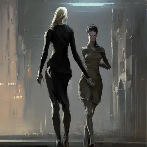 Image similar to concept art by greg rutkowski, a very tall, and slender woman with blond hair, talking with a very tall and slender mand with short black hair, brutalist futuristic interior, dark lighting atmosphere, detailed portraits, nostalgic atmosphere, scifi, digital painting, artstation, concept art, smooth, sharp foccus ilustration, artstation hq