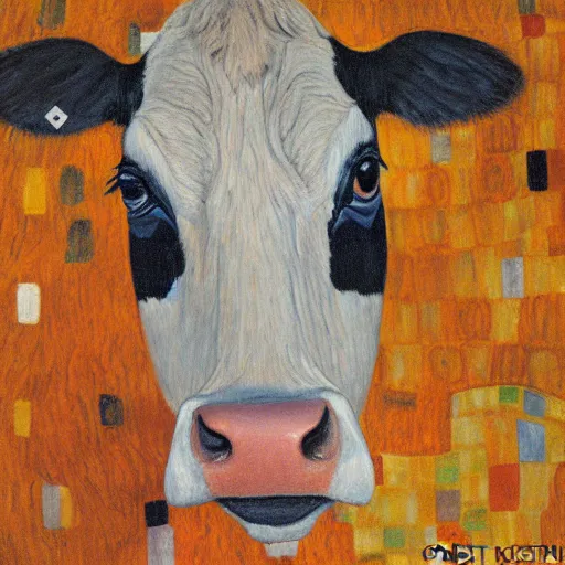 Prompt: painting of a cow by Gustav Klimt