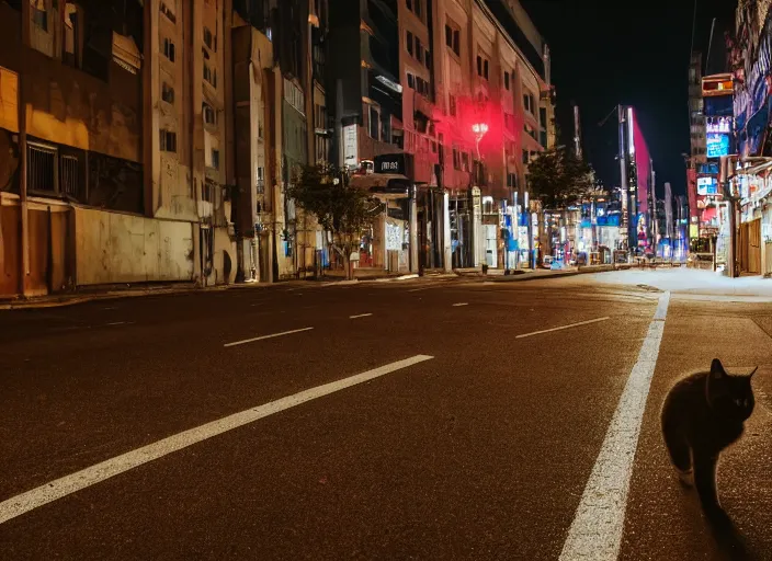 Image similar to photography of a Cat carrying a backpack . in a cyberpunk street. award winning photo, led lighting, night, 24mm, sharp, high res