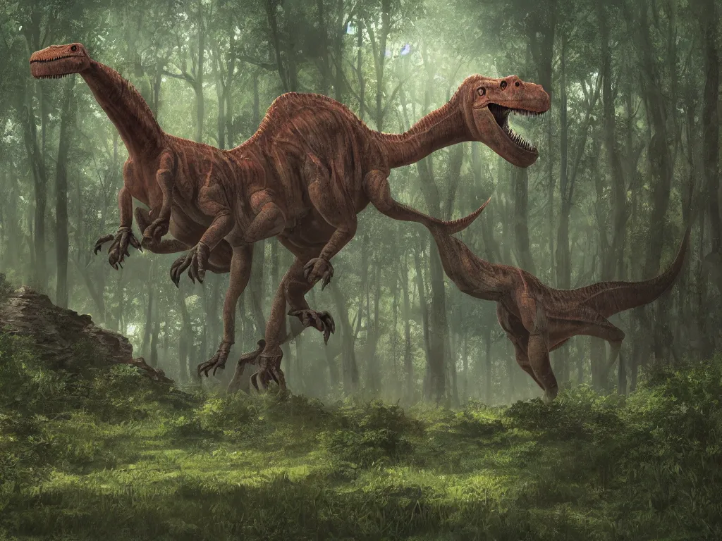 Prompt: dinosaur, forest on background, by rj palmer, trending on artstation