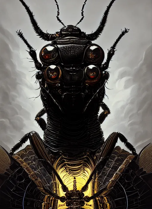 Image similar to portrait of a locust god, a gigantic black insect on a throne, intricate, elegant, glowing lights, highly detailed, digital painting, artstation, concept art, smooth, sharp focus, art by wlop, mars ravelo and greg rutkowski