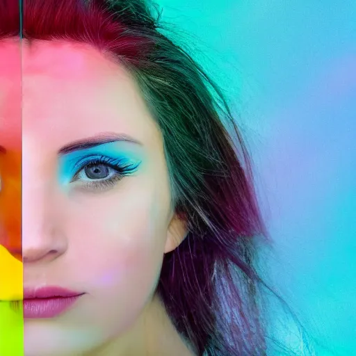 Prompt: photograph of a glass scult of a woman's face, colourful background