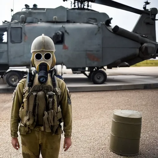 Image similar to american officer in gas mask and cap stands near a military attack helicopter, intricate, defined, grim environment, artwork