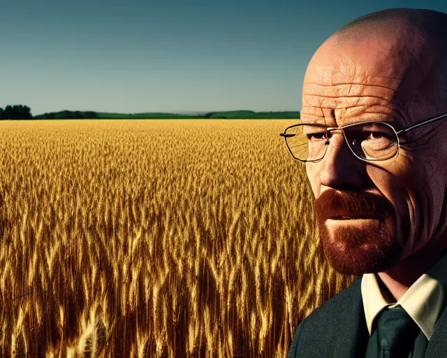 Image similar to a long shot of walter white and gustavo fring stand facing each other from a distance in a wheat field, side view, 3 5 mm photograph, 8 k resolution, wide shot, sharp lens