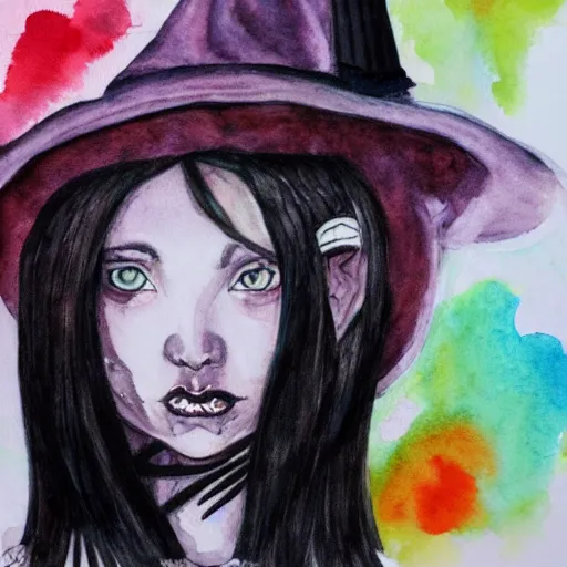 Prompt: portrait of young gothic witch, watercolor painting