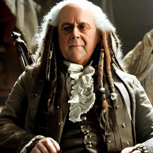 Image similar to movie still of benjamin franklin in pirates of the caribbean