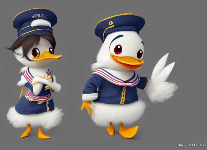 Image similar to award - winning detailed concept art of a cute iconic anthropomorphic duck character wearing a sailor suit. art by wlop on bcy. net, realistic. detailed feathers, art by cheng yi. artstationhd, artgerm, 3 dcg, pixar zootopia. 3 d rendering, high quality model sheet, donald. model sheet detailed