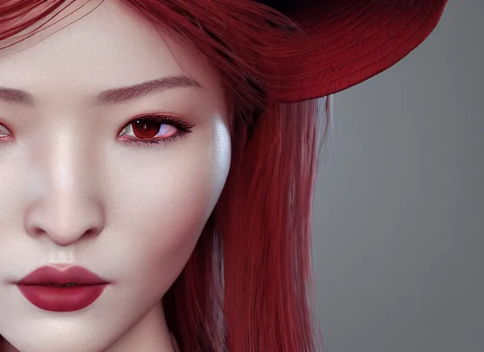 Prompt: stunning render portrait of a beautiful oriental woman with red hair wearing a hat, her eyes are green. 4 k unreal engine, daz, octane, zbrush, maya.