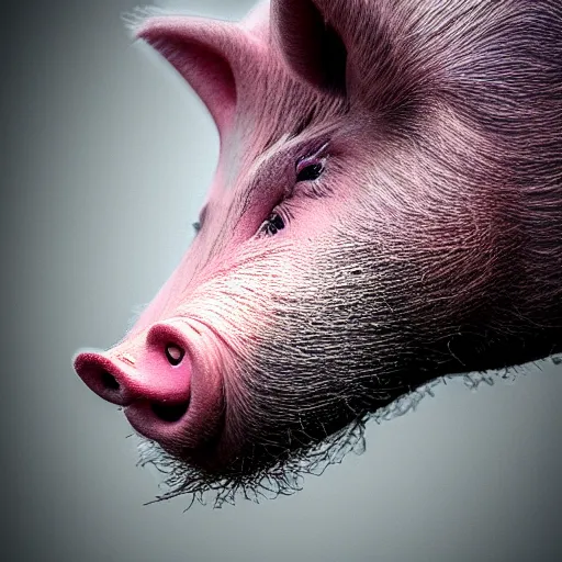 Image similar to photorealistic closeup portrait of pig, art photography, horror, sigma 5 0 mm, f 1. 8, insane details, hyper realistic, 8 k, full figure poster, volumetric lighting, very detailed face, 4 k, award winning