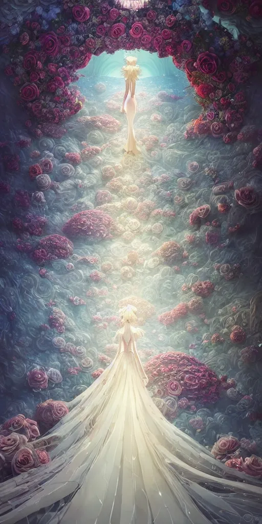 Prompt: the beautiful hyper detailed of a rose wedding dress fashion show display in the fairyland surrounded by white clouds, in the style of makoto shinkai victo ngai and peter mohrbacher studio ghibli artgerm karol bak beeple, animation style, 8 k hd, dream, ultra wide angle, animation style, 3 drender, hyperdetailed