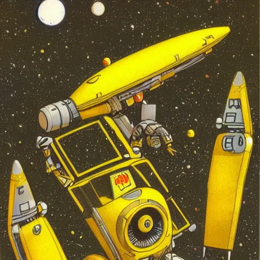 Image similar to little yellow spaceship with robot arm, in outer space, Ron cobb, Yoshitaka Amano, 1980s, science fiction