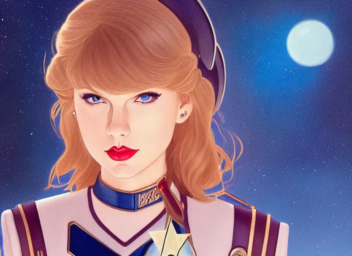 Image similar to a disney film still of taylor swift as a star trek officer, finely detailed features, closeup of the face, perfect art, dusk, blue hour, gapmoe yandere grimdark, trending on pixiv fanbox, painted by greg rutkowski, makoto shinkai, takashi takeuchi, alphonse mucha, akihiko yoshida