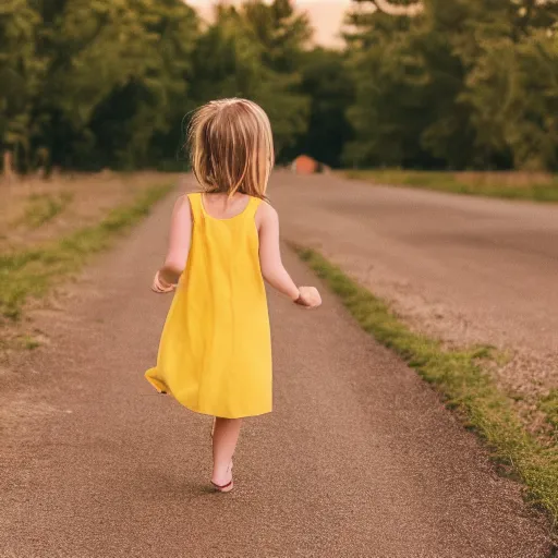 Image similar to A girl runs to the center of the frame in a yellow sundress, a red elastic band for her hair, a full-length profile, a night photo, a barn and bushes with trees in the background, realistic photo, 8k, 35 mm