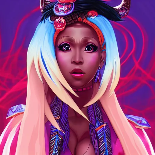 Image similar to anime portrait of Niki Minaj as a shaman yedi using dark force to eliminate trump as an anime antagonist by Stanley Artgerm Lau, WLOP, Rossdraws, James Jean, Andrei Riabovitchev, Marc Simonetti, and Sakimichan, trending on artstation