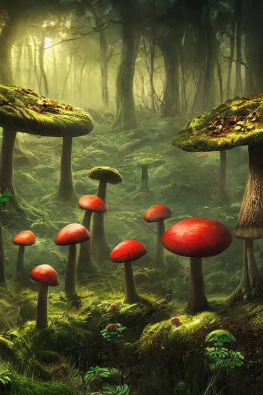 A mushroom forest with monsters roaming around | Stable Diffusion | OpenArt