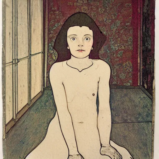 Prompt: a lonely girl in an empty room, colored daguerreotype, by schiele, by mucha, by Mackintosh, by Moebius, eerie, weird