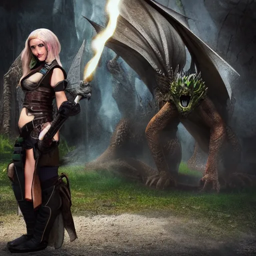 Image similar to scared female rogue in a light armor who only came to see a dragon, symmetrical, cinematic, real photography