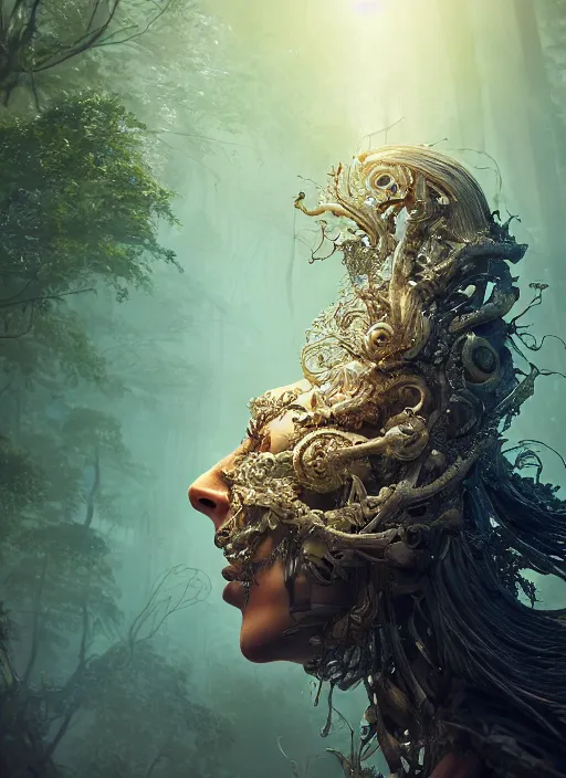 Prompt: stunning biomechanical incredible hair, masterpiece crystalline incrustations, hyperdetailed face, elegant pose, movie still, intricate, octane render, cinematic forest lighting, cgsociety, unreal engine, crepuscular rays, god rays