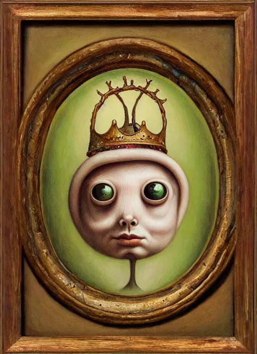 Image similar to Oil painting - a regular earthworm with a tiny little crown peeking out form a hole, Masterpiece, Mark Ryden, Wolfgang Lettl highly detailed, hints of Yayoi Kasuma