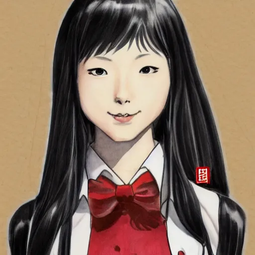 Image similar to a perfect, realistic professional digital sketch of a Japanese schoolgirl in style of Marvel, full length, by pen and watercolor, by a professional Chinese Korean artist on ArtStation, on high-quality paper