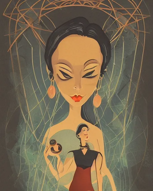 Image similar to retro dark vintage sci - fi. 2 d matte dark gouache illustration in a mystical style. a woman in a river holding two vases. symmetrical face.