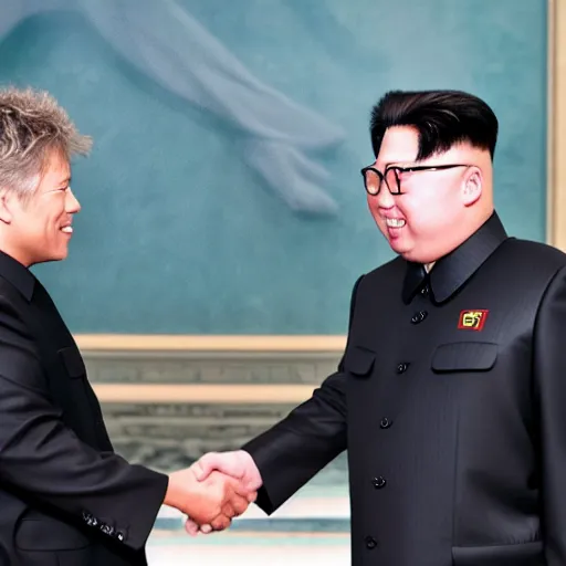 Image similar to a professional photograph of Bon Jovi shaking hands with Kim Jong-un in Pyongyang, 8k, dslr, cinematic,