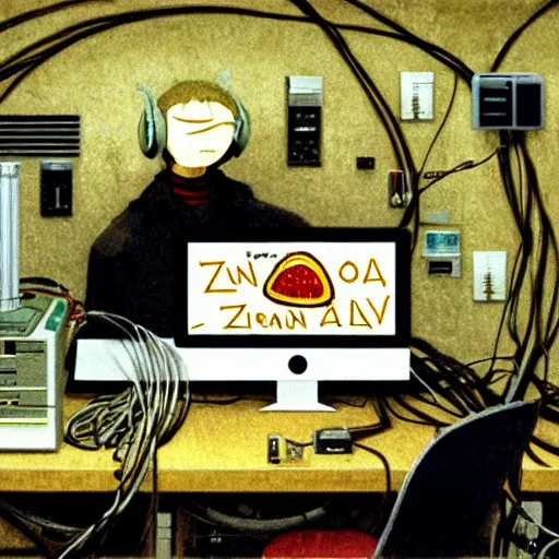 Prompt: Nostalgic pizza looking at a large desktop with a pizza on it monitor serial experiments lain Lain dennou neon genesis evangelion coil gantz Character Anime Sits at Complex room Office full of wires computer servers databanks vents fans coolant systems looking at a large desktop monitor Ismail Inceoglu Arnold Bocklin Jakub Rebelka dug stanat