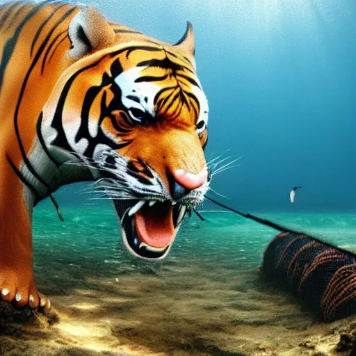 Prompt: fishing net underwater catching tiger and elephant