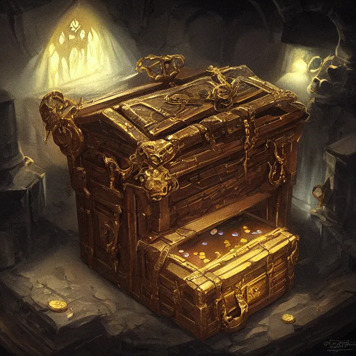 Image similar to cinematic study of a fantasy chest containing gold and gemstones in a dungeon, chalk, masterpiece, trending on artstation, featured on pixiv, cinematic composition, dramatic, beautiful lighting, sharp details, hyper-detailed, HD, HDR, 4K, 8K, art by Basil Gogos