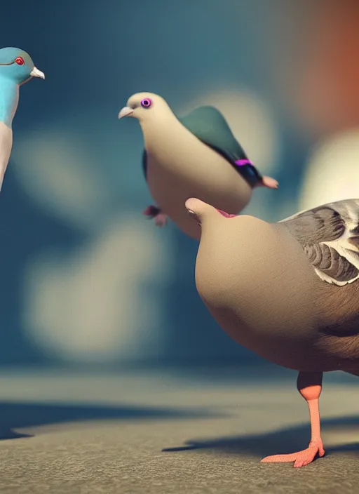 Prompt: render of a pigeon and a rabbit, colorful background, blender, ray tracing, path tracing, octane, maya, houdini, vfx, in luxury advertisement, sharp focus, volumetric lighting