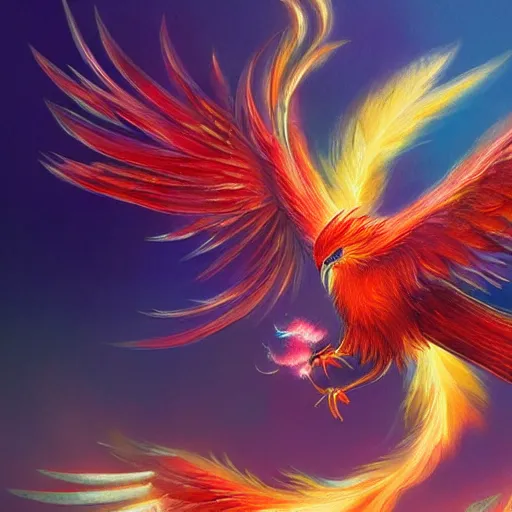 Prompt: cute flying chinese phoenix, sparkling bird eyes, embers surrounding her wings, shining rainbow feathers, smooth features, feathers on fire, highly detailed, digital painting, artstation, concept art, smooth, soft focus, beautiful rainbow colors, illustration, chinese phoenix art by Artgerm and greg rutkowski