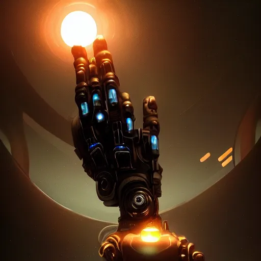 Image similar to A bionic hand holding a glowing orb, cybernetic scifi, deep depth of field, artstation, 8K, highly coherent, enigmatic, oil painting, matte, black background, By Jordan Grimmer