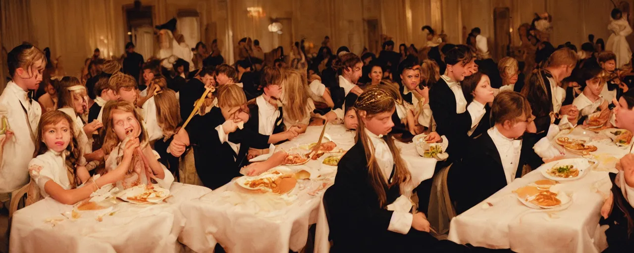 Image similar to young people eating spaghetti at a cotillion dance, fancy outfits, high detailed face, facial expression, small details, intricate, canon 5 0 mm, high detail, intricate, cinematic lighting, photography, wes anderson, film, kodachrome