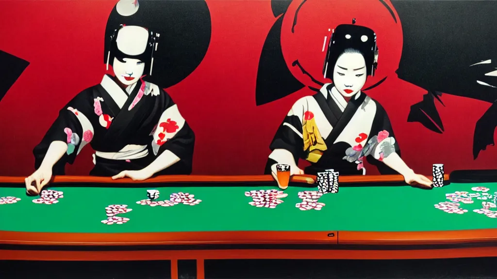 Image similar to woman in a black japanese kimono, sitting at an extremely detailed poker table with the boba fett, sake on the table, fireworks and stars on the background, by andy warhol, by roy liechtestein, canvas, acrylic paint, ivory palette, 4 k, ultra - hd