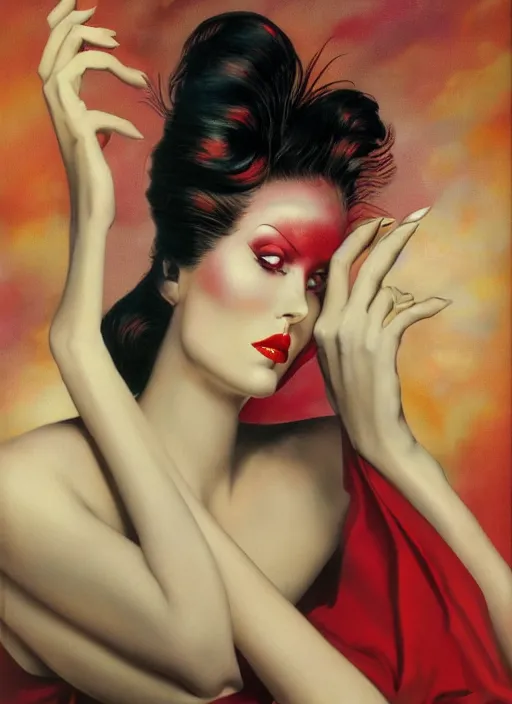 Prompt: an 8 0 s portrait of a woman with dark eye - shadow and red lips with dark slicked back hair dreaming acid - fueled hallucinations by serge lutens, rolf armstrong, delphin enjolras, peter elson, red cloth background